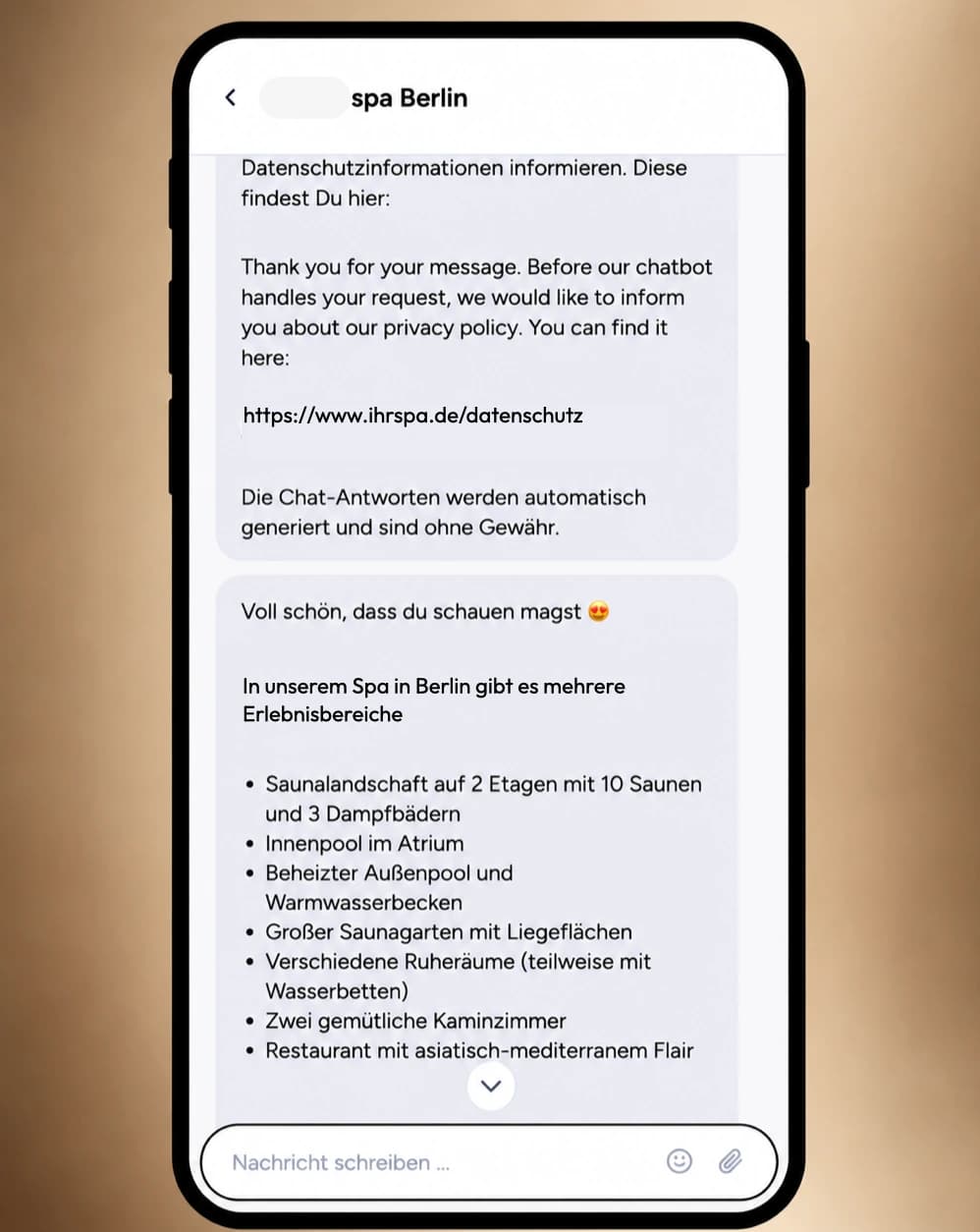 Standard-Webchat auf einem Smartphone mit textbasierter Antwort und längerer Serviceinformation.